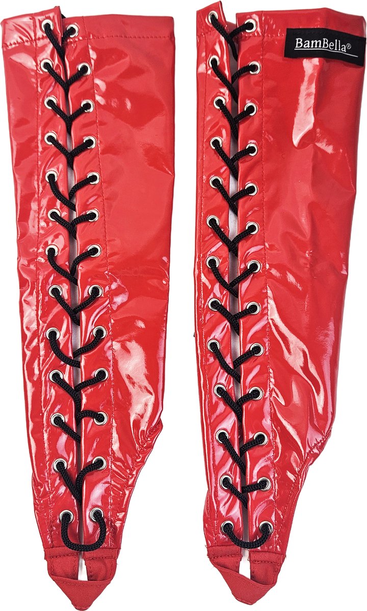 BamBella ® Handschoenen - Maat onesize - Datex (Mix latex en stof ) Sexy Rood Glans lak vetersluiting