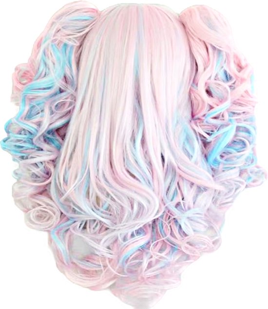 Pruik - Synthetisch - lang haar krullen - roze blauw - pony -dames cosplay staartjes verkleden als japanse anime meisje
