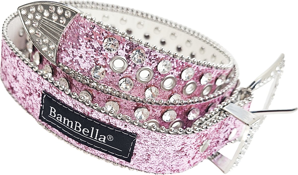 BamBella® - Riem Heup - 115cm maat S M L - verstelbare Belt Dames heupriem taille steentjes roze Skull goth broekriem