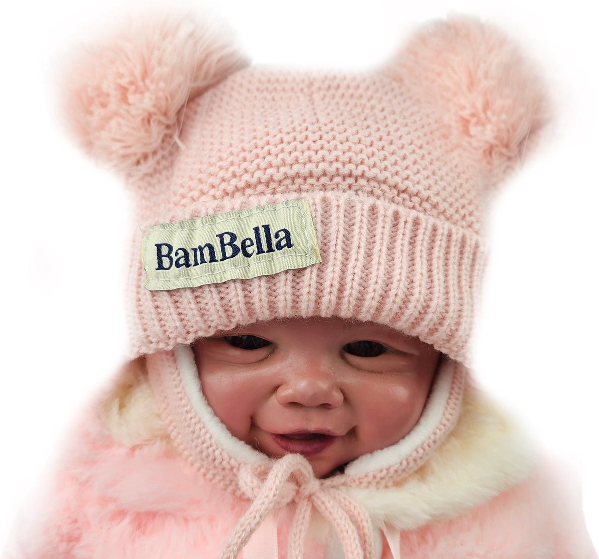 BamBella® Muts met wanten winter voor kind meisje 0 tot 1 jaar met pom pom warme borg fleece binnenkant en handschoenen