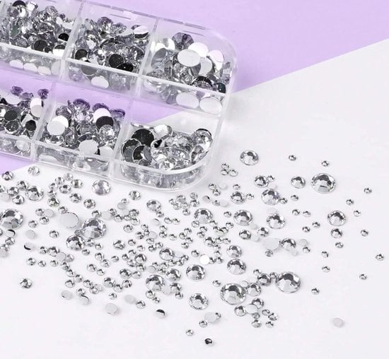 BamBella® Zilver - Steentjes in doos - Rhinestones set tools set steentjes plak glitter steen doosje Nail art knutselen naaien