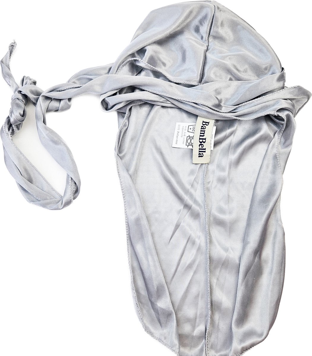 BamBella ® Durag - Grijs - Fijn dun Satijn- - Haarnetjes - Wave Cap - Hoofddoek - doek - Soft - Weave hoofd sjaal