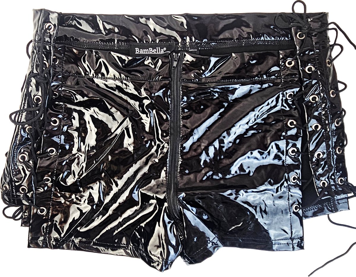 BamBella® Korte broek   Wetlook short Dames - Roze Datex mix latex en stof ondergoed kleding met vetersluiting