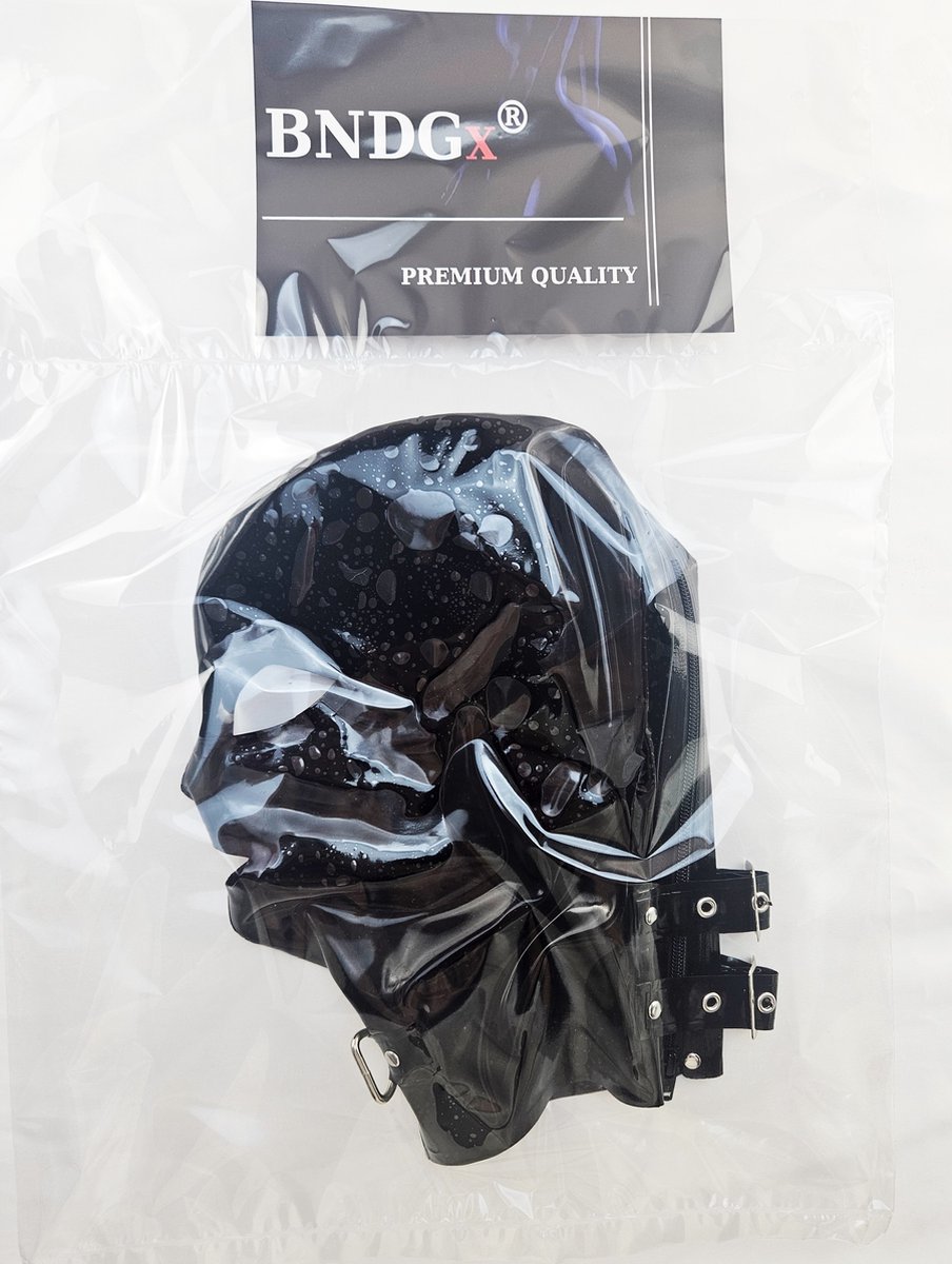 BNDGx® -100% Latex Masker ogen mond open - Anoniem Erotiek - Extreme BDSMsm fetish Rollenspel kleding Zwart nek ring