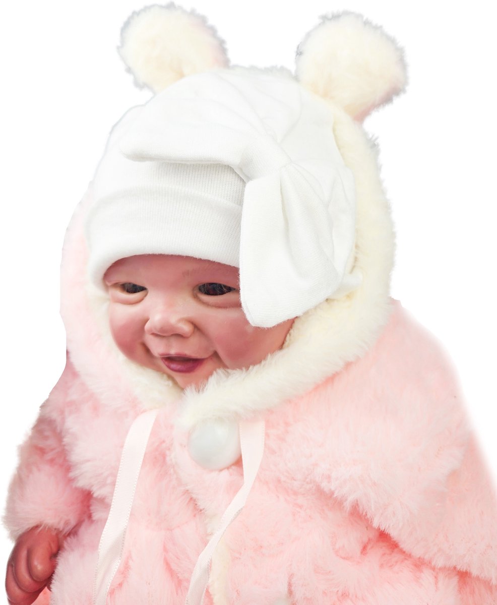 BamBella® Baby muts - 0 - 3 maanden pasgeboren winter mutsje met wanten handschoenen anti krab met strik Wit
