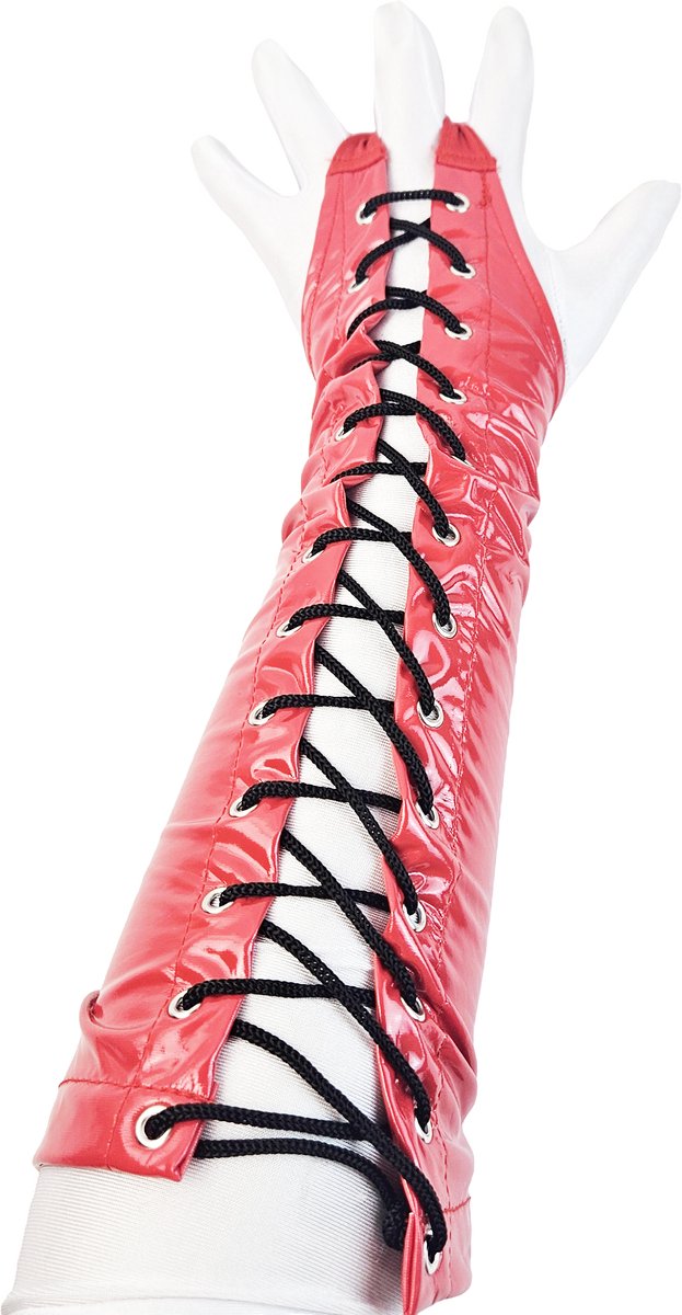 BamBella ® Handschoenen - Maat onesize - Datex (Mix latex en stof ) Sexy Rood Glans lak vetersluiting