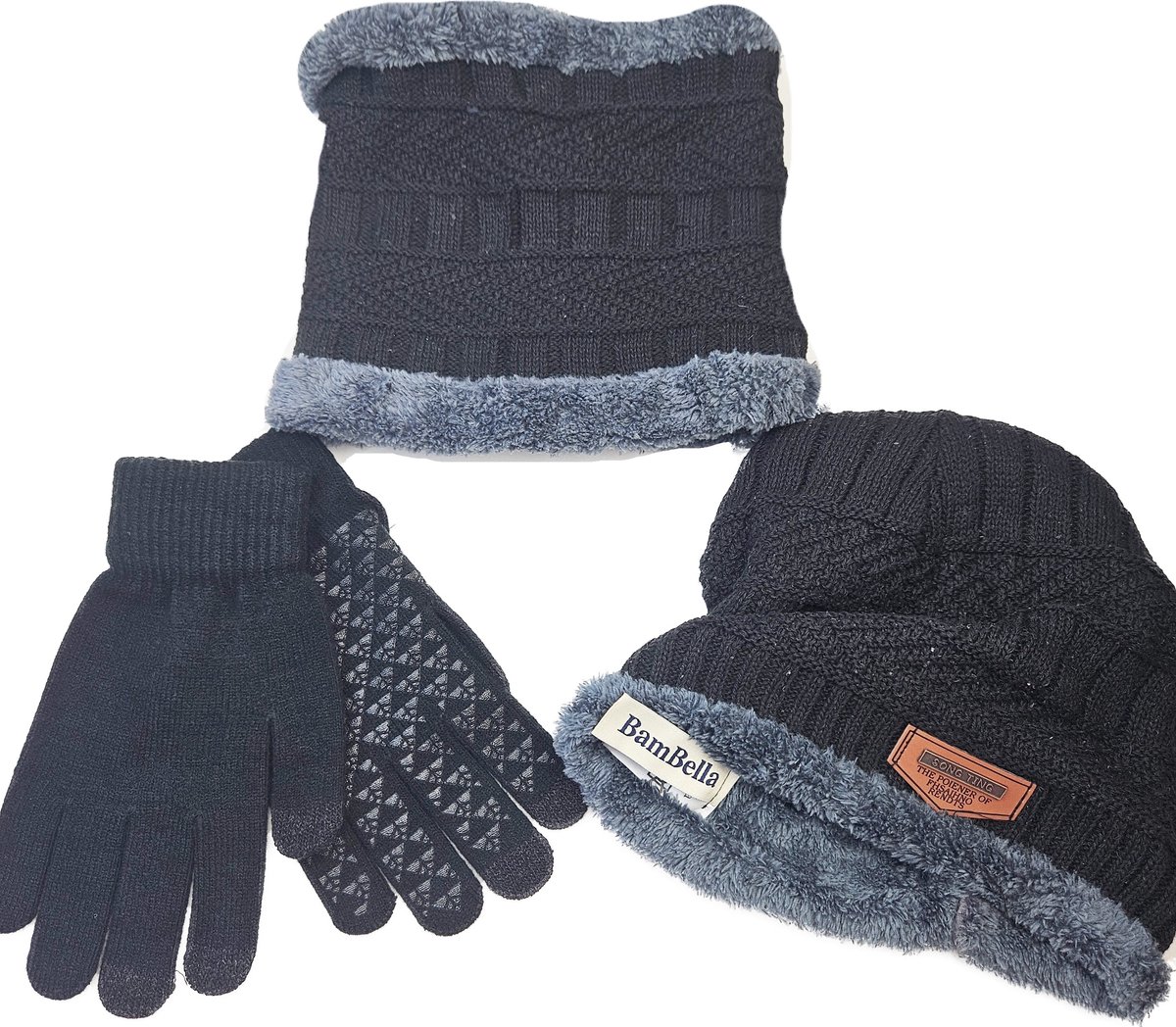 BamBella® Handschoenen muts sjaal winter Heren imitatie leer warme borg fleece binnenkant