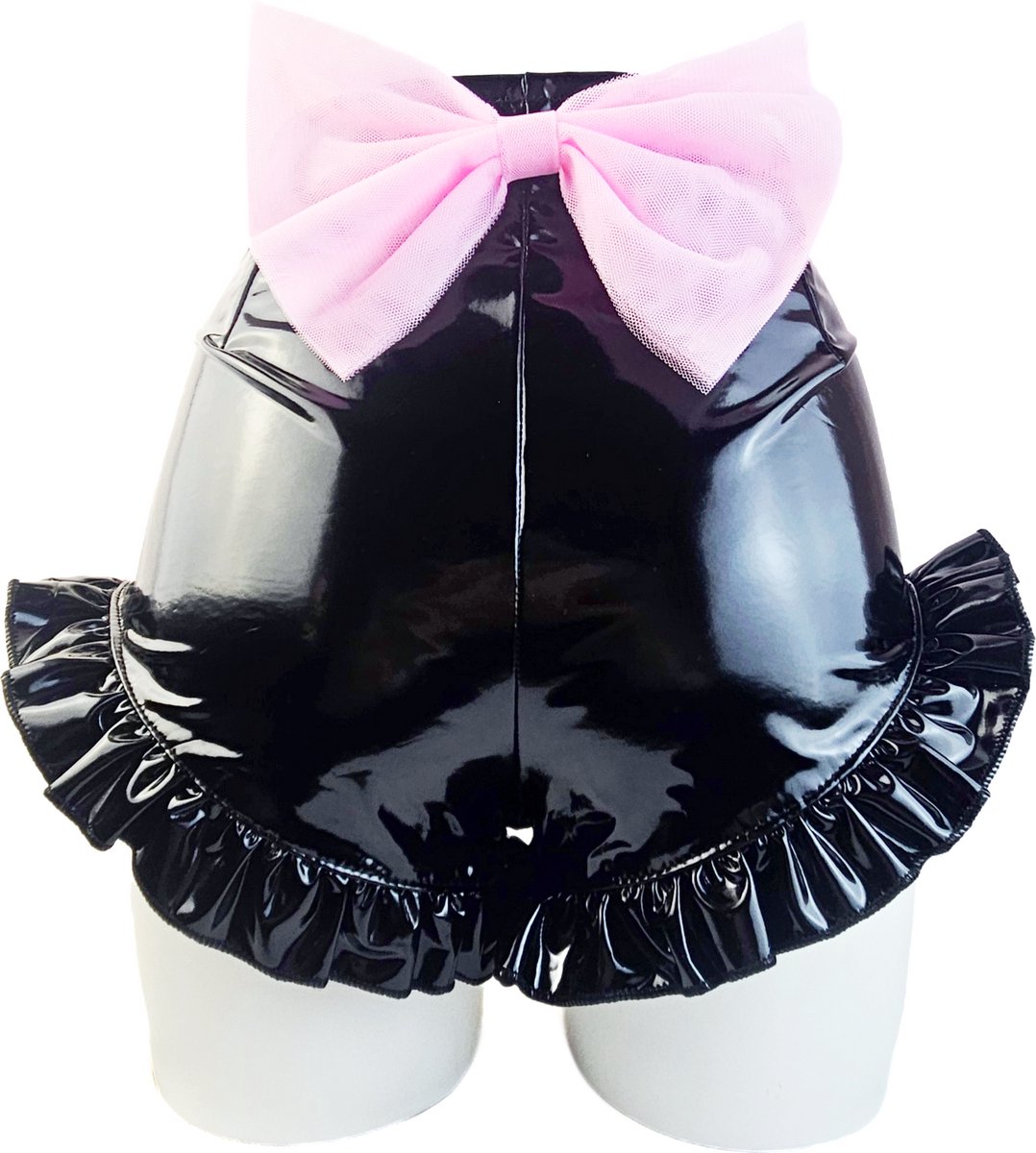 BamBella® Shorts -  Wetlook korte broek Dames - Zwart Datex mix latex en stof met franje