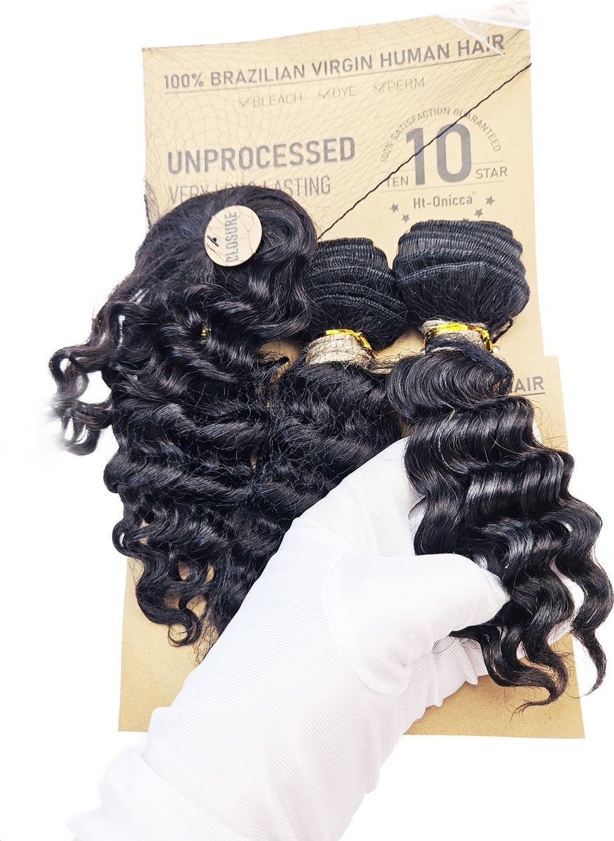 Weave haar set bundles - Menselijk haar - Volledig met lace frontal nep haar - bundels 10 inch kinky curly bruin