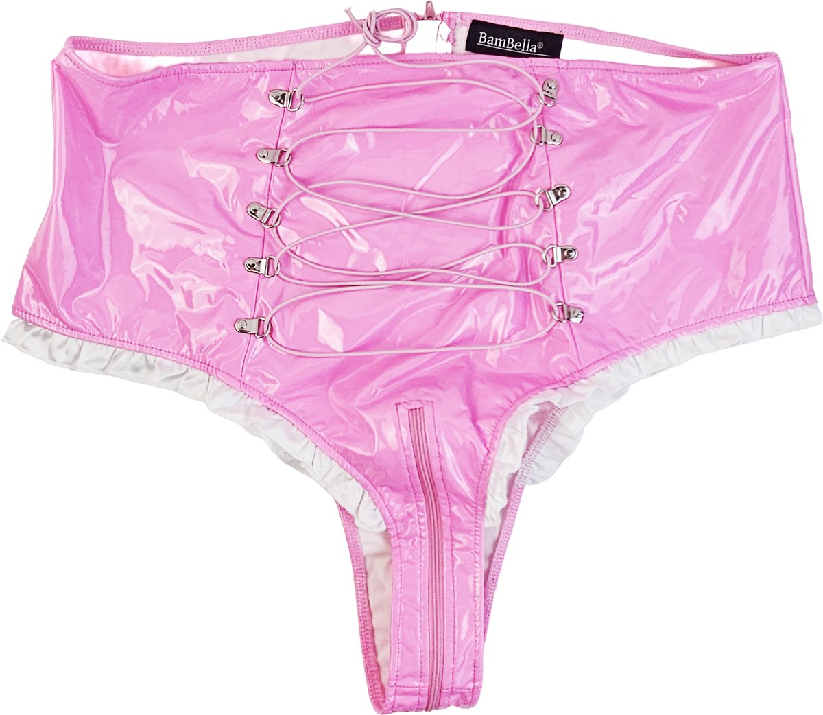 BamBella® Slip Onderbroek -   Erotische Sexy BDSM Lingerie Dames - Roze rits ondergoed Datex mix latex en stof wetlook open kruis