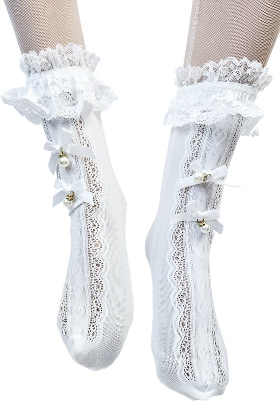 BamBella® Sokken van kant met ruches schattige sokjes wit lace en steentje parel Merk: BamBella