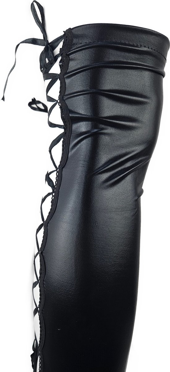 BamBella® - Hoge Kousen - Zwart - Onesize - Wetlook Sexy erotische Veter sKniekousen Super Shiny Fetish kleding