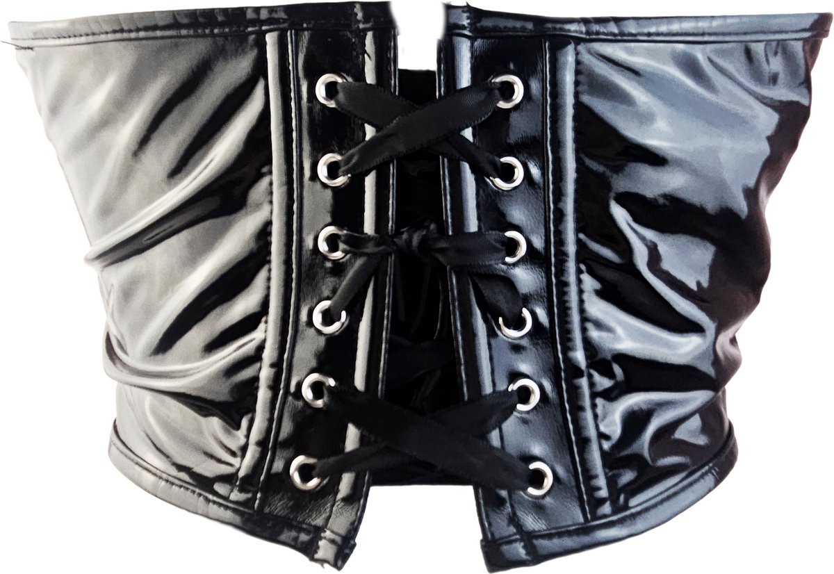 BamBella® - Body Korset Top -   Zwart dames sexy Glans kleding mix van Latex en stof Datex Wetlook vetersluiting