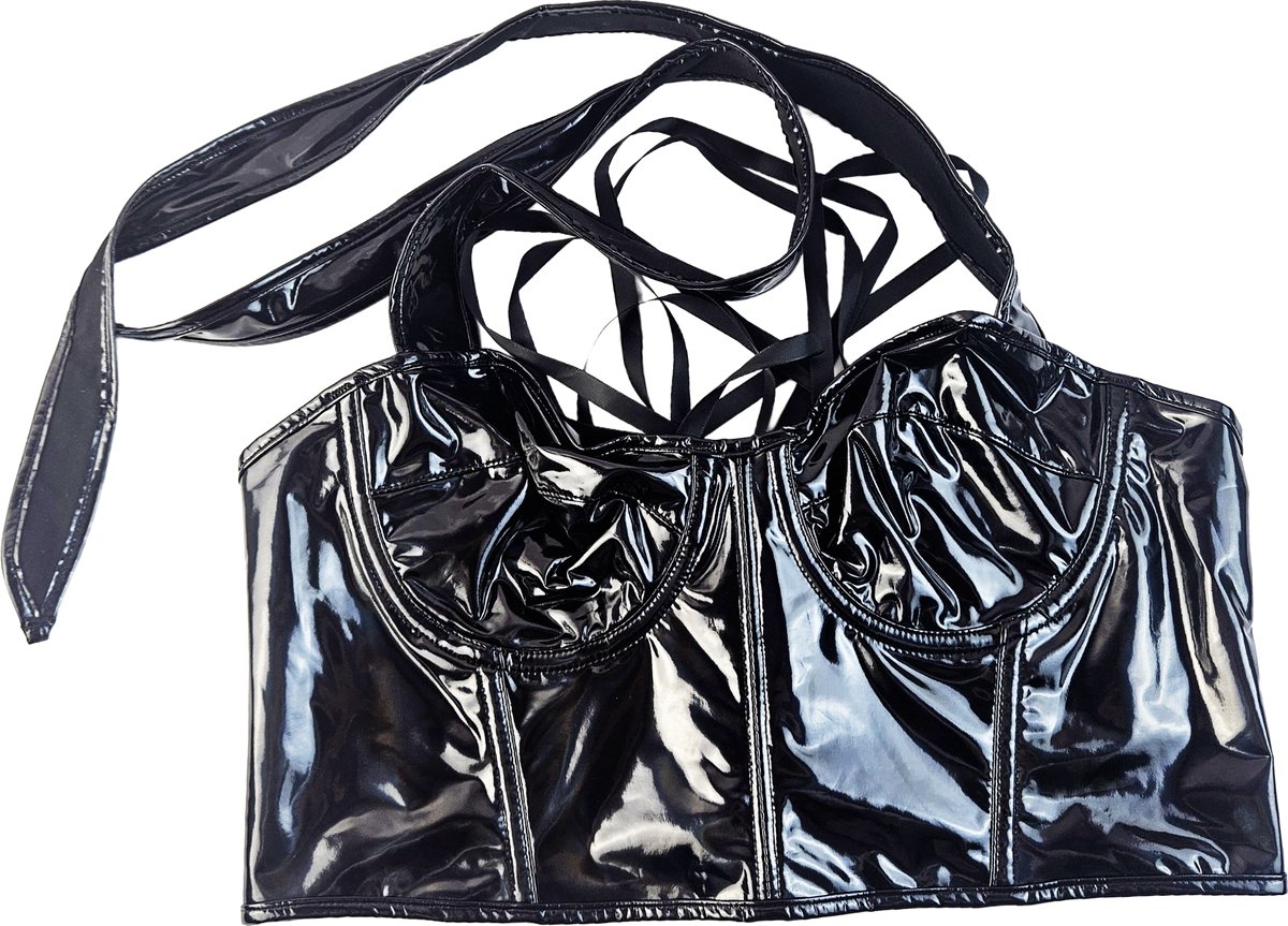 BamBella® - Body Korset Top -   Zwart dames sexy Glans kleding mix van Latex en stof Datex Wetlook vetersluiting