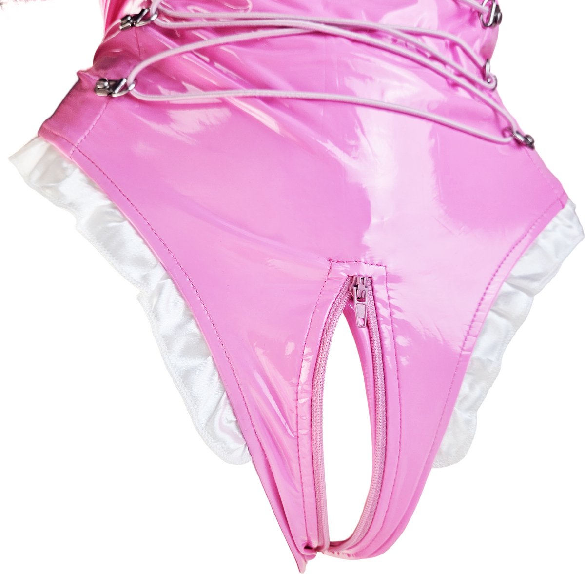 BamBella® Slip Onderbroek -   Erotische Sexy BDSM Lingerie Dames - Roze rits ondergoed Datex mix latex en stof wetlook open kruis