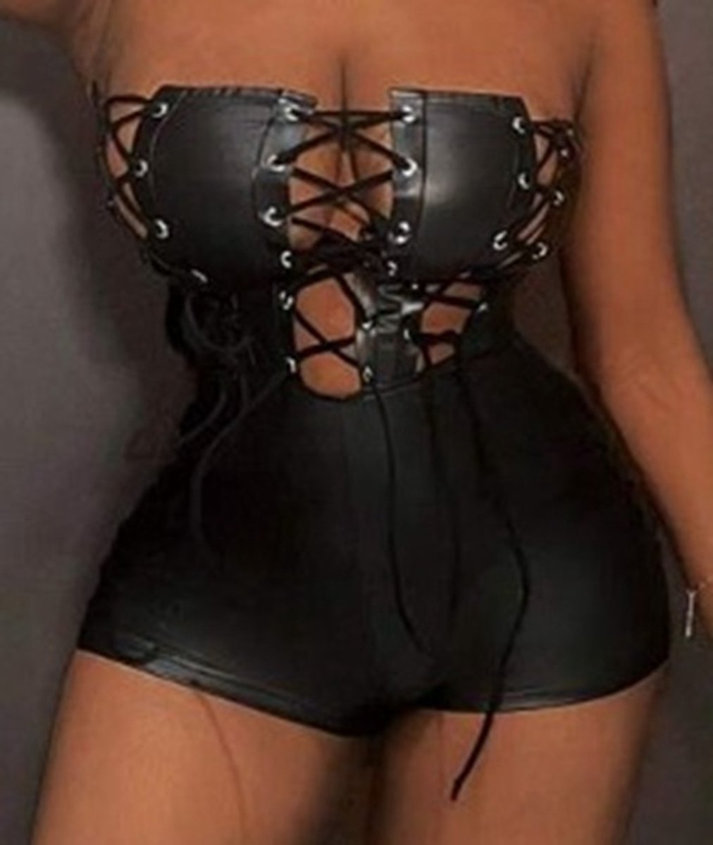 BamBella® Nep leer Shorts -  Wetlook korte broek Dames - Zwart met Riemen