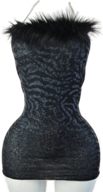 BamBella® - Jurk - Onesize - Erotische sexy nacht jurkje blauw wit doorzichtig kant - Super Stretch imitaite bont