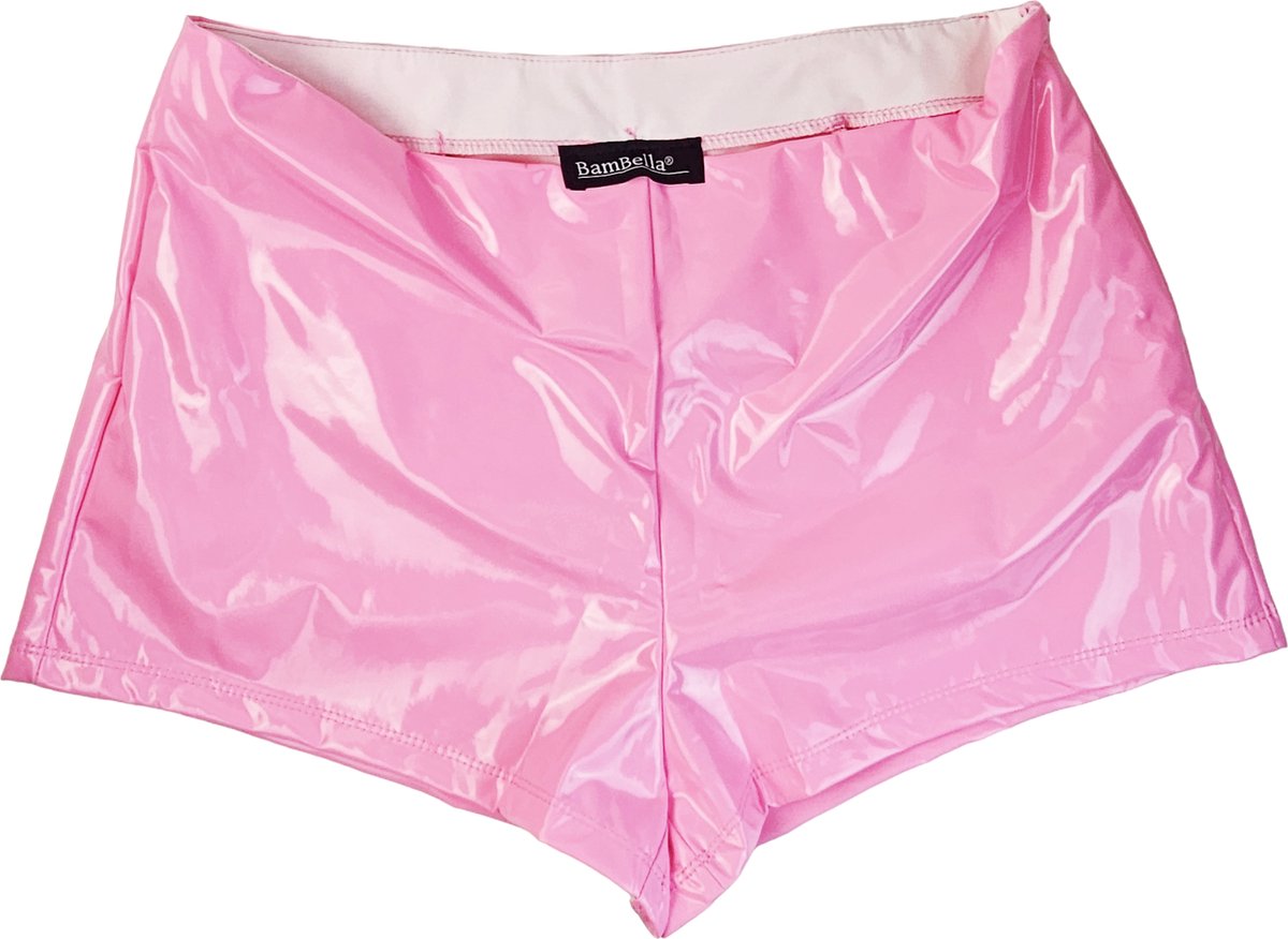 BamBella® - Short -  Roze dames sexy Glans kleding mix van Latex en stof Datex Wetlook met sluiting Korte broek shorts