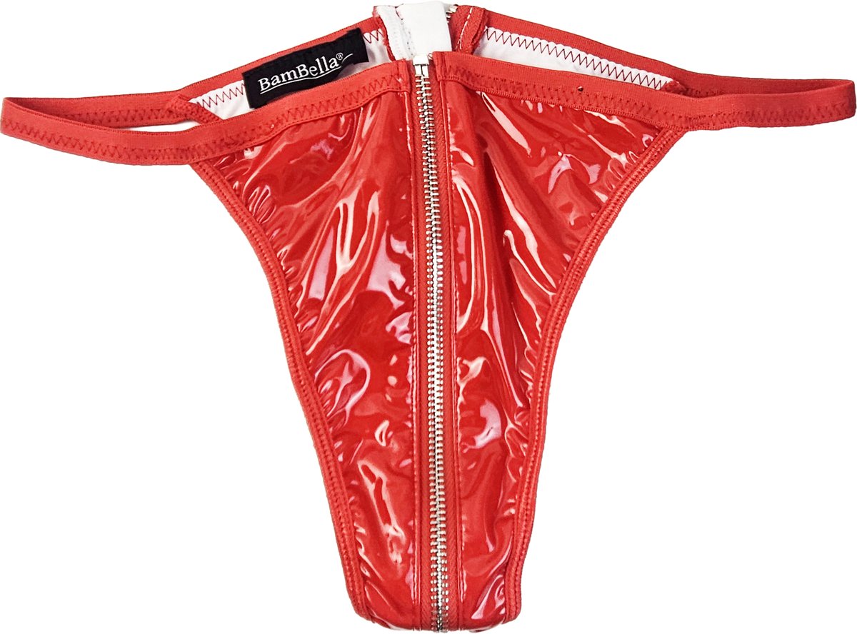 BamBella® Erotische onderbroek -  Wetlook string Dames - Rood Datex mix latex en stof ondergoed Sexy BDSM kleding met rits open kruis