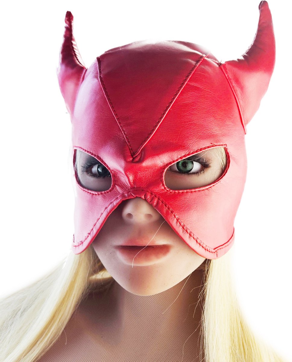BNDGx® - BDSM Duivel seks Masker - Nep leer stof - Vetersluiting Rood met hoorns