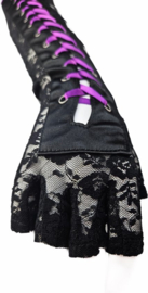 BamBella® - Handschoenen Zwart kant Kort Vingerloos kant feest gothic - dames - Paars lint