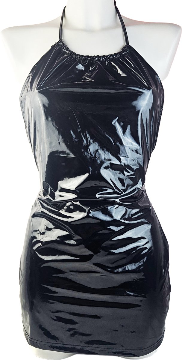 BamBella® Jurk -   Zwart dames kleding sexy Glans kleding mix van Latex en stof Datex Wetlook
