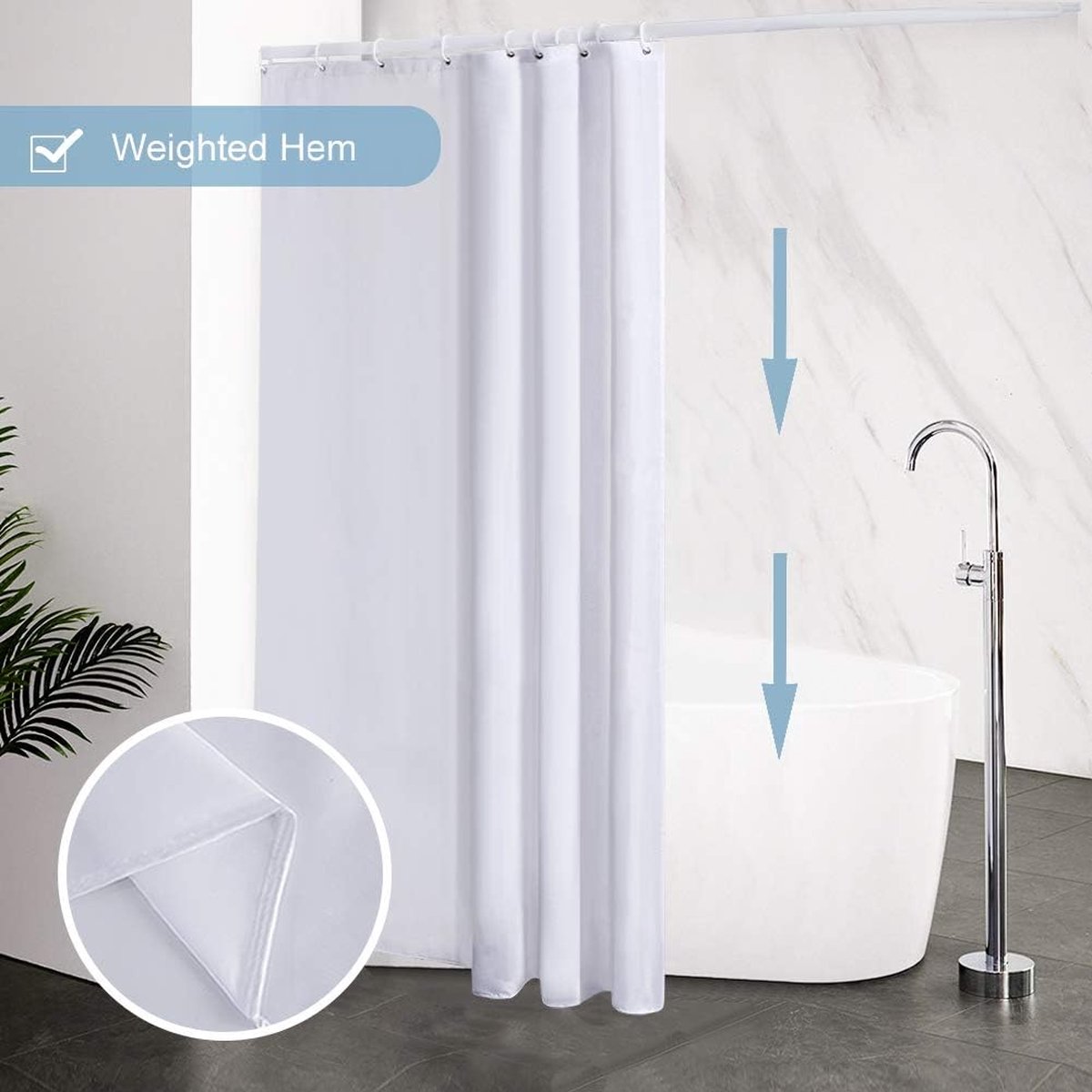Douchegordijn Wit Anti Schimmel Polyester Stof Waterdicht Douche Gordijnen Wasbaar Textiel voor Badkuip of De Badkamer 10 Douchegordijnhaken 150x180cm.