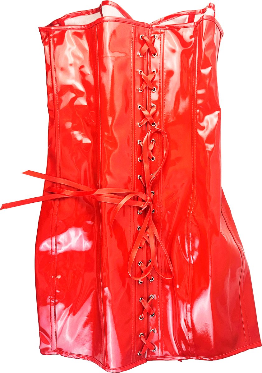 BamBella® - Erotische Jurk-  met vetersluiting Rood  Rollenspel sm dames sexy Glans kleding mix van Latex en stof Datex