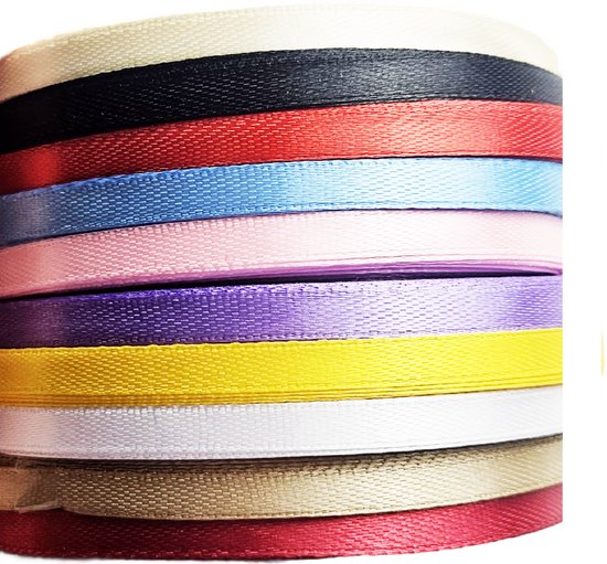 BamBella® - Satijn lint - 220 meter -10 kleuren - zwart wit rood groen geel Licht roze - 12 mm