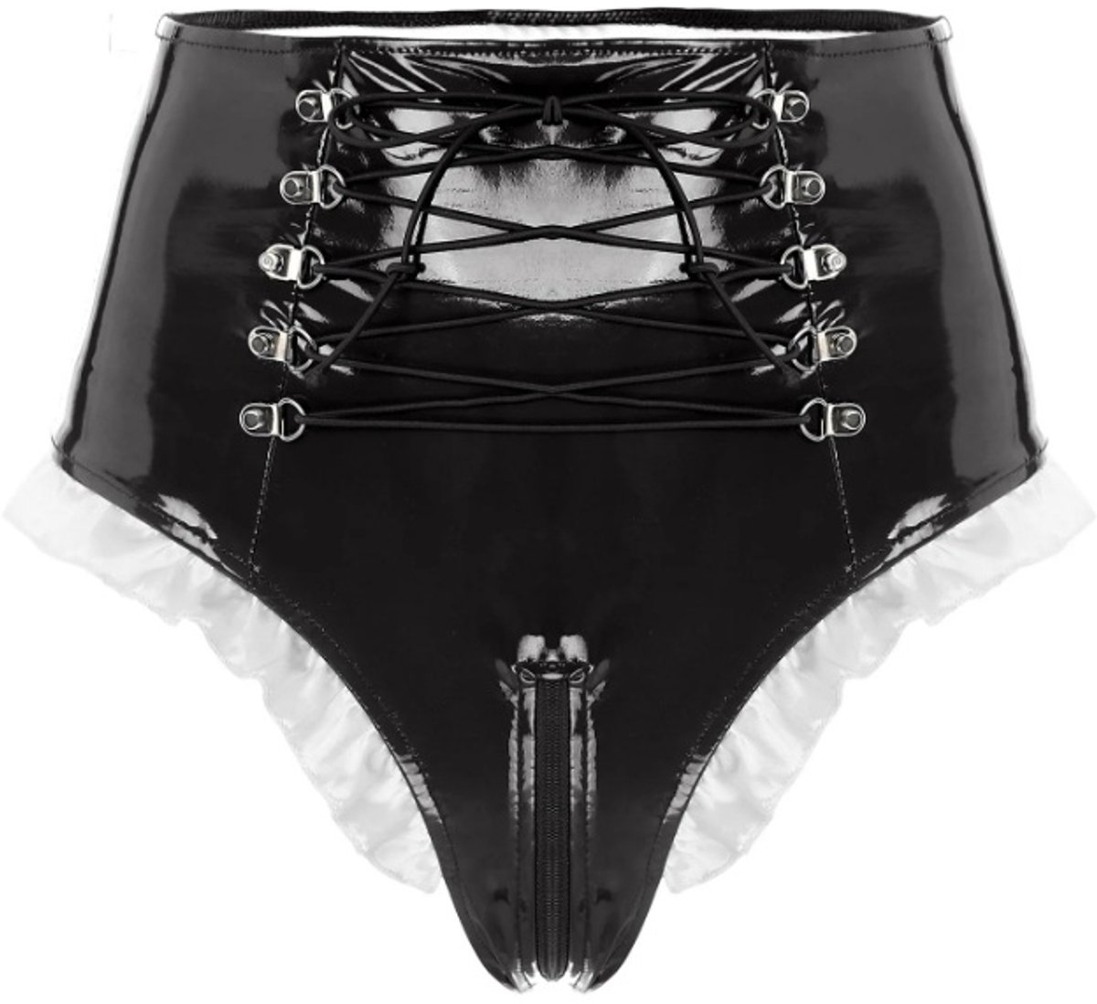BamBella® Slip Onderbroek -  Erotische Sexy BDSM Lingerie Dames - Zwart rits ondergoed Datex mix latex en stof wetlook open kruis