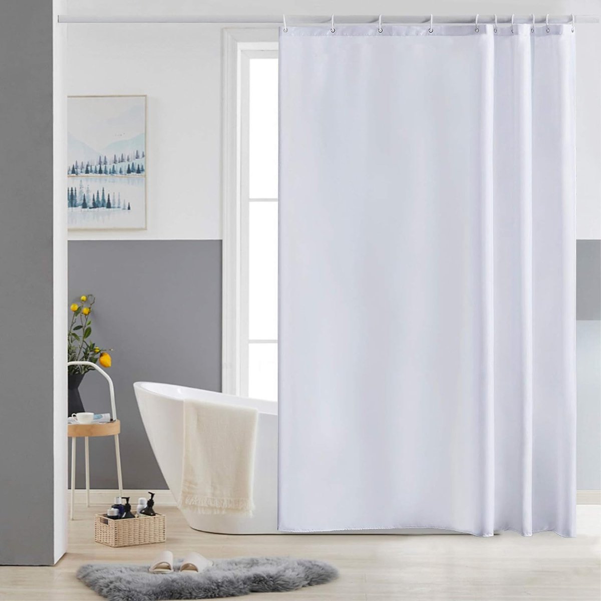 Douchegordijn Wit Anti Schimmel Polyester Stof Waterdicht Douche Gordijnen Wasbaar Textiel voor Badkuip of De Badkamer 10 Douchegordijnhaken 150x180cm.