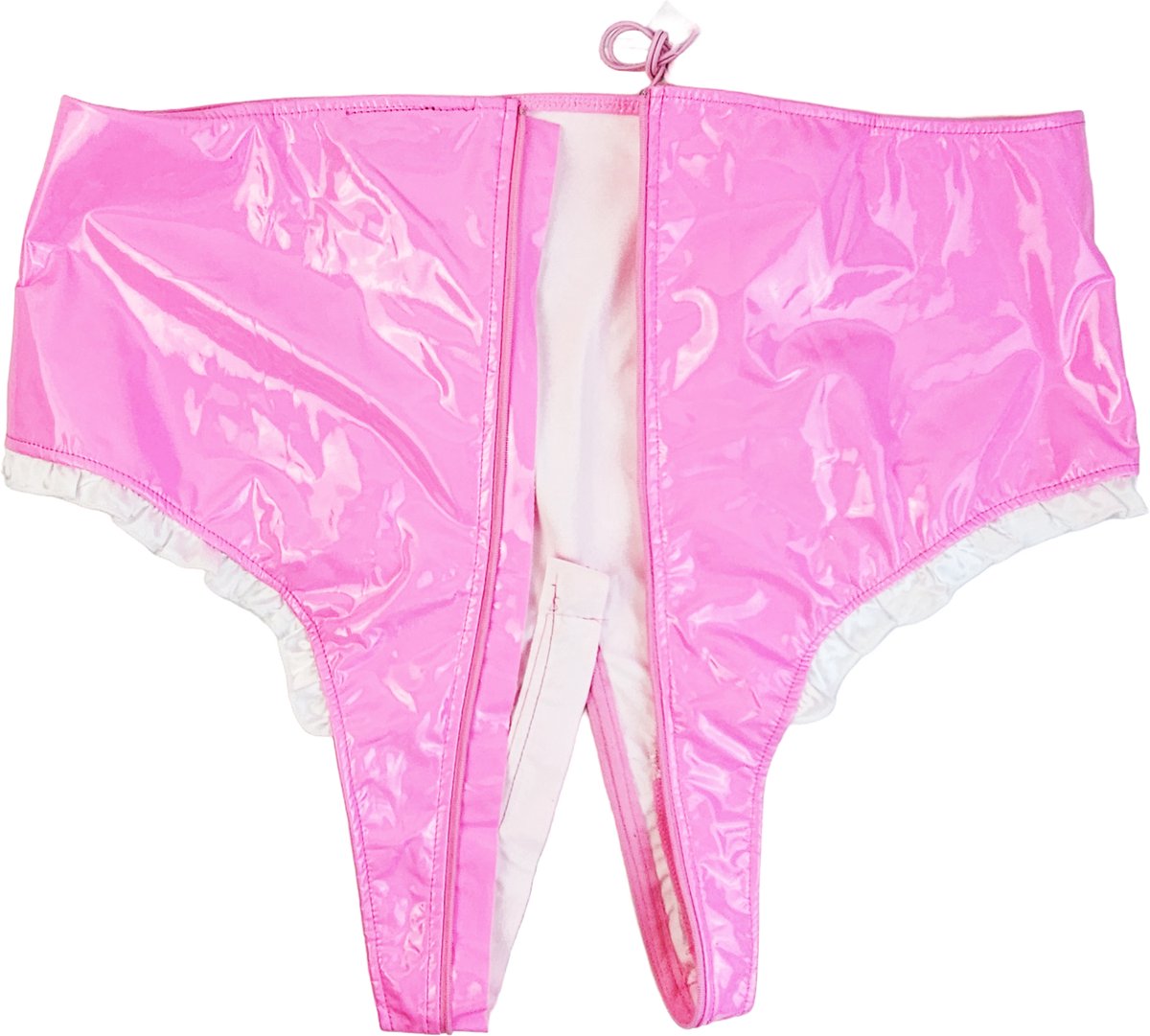 BamBella® Slip Onderbroek -   Erotische Sexy BDSM Lingerie Dames - Roze rits ondergoed Datex mix latex en stof wetlook open kruis
