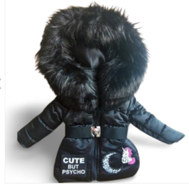 Kinderjas zwart "Cute but Psycho" grote Bontkraag jas Winterjas BamBella