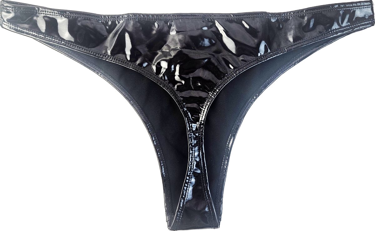 BamBella® Erotische slip-  Wetlook String Dames - Zwart Datex mix latex en stof ondergoed Sexy BDSM kleding