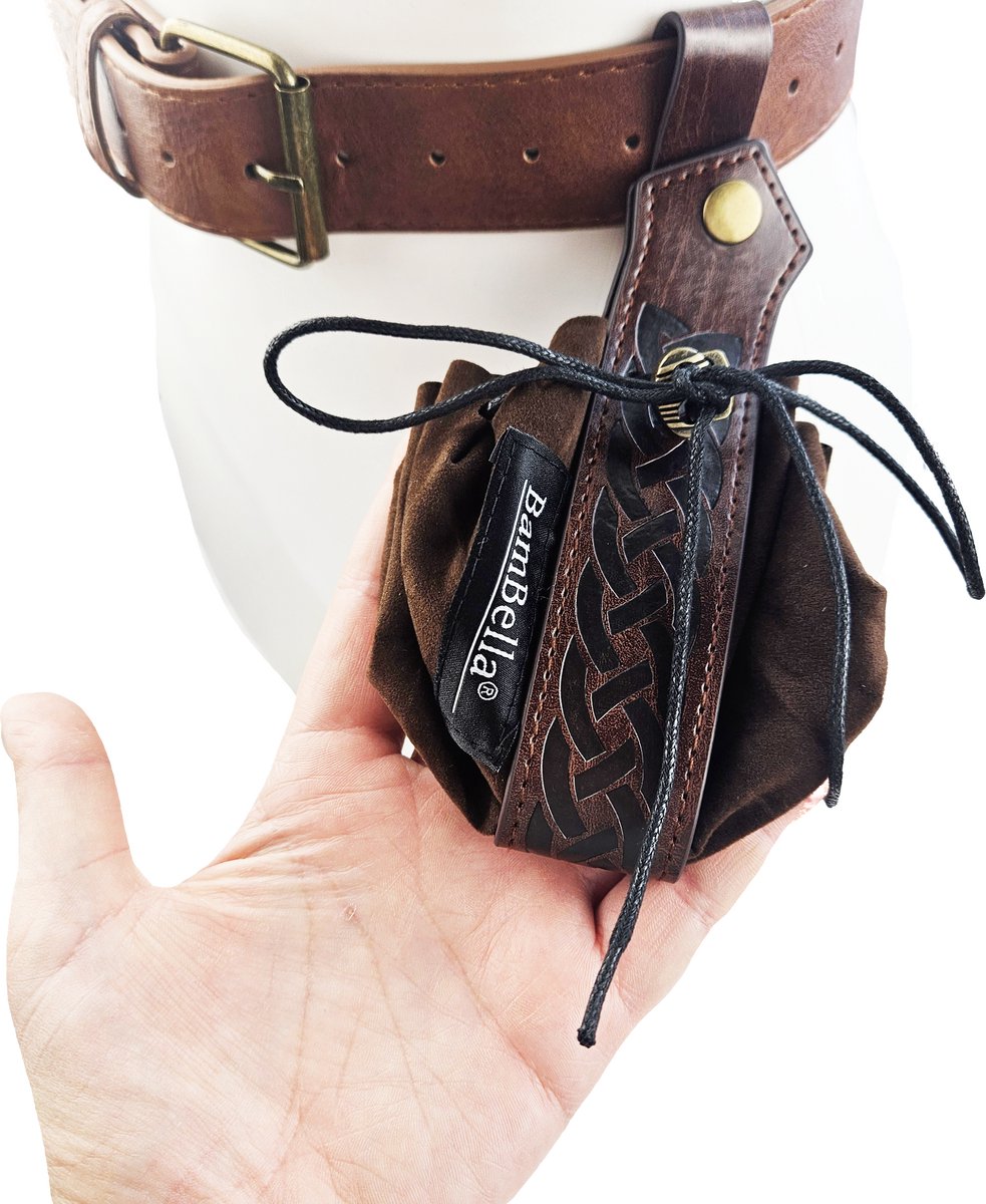 BamBella® - Geld Riem Heup Viking Middeleeuws - 115cm maat S M L - Leder Leer verstelbare tas Belt heupriem broekriem