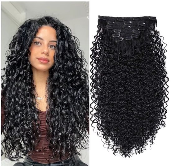 Hair extensions - Clip In - Zwart Jetblack - clip ins curly krullen - Synthetisch haar kinky curl