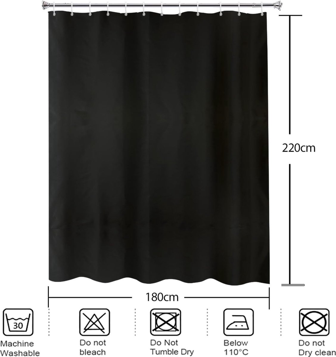 Douchegordijn, zwarte stof, wasbaar, textiel, machinewasbaar, met metalen ogen, breedte 180 x hoogte 220 cm