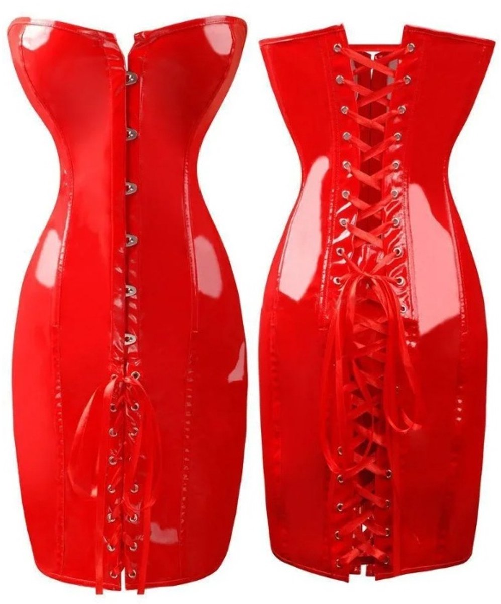 BamBella® - Erotische Jurk-  met vetersluiting Rood  Rollenspel sm dames sexy Glans kleding mix van Latex en stof Datex