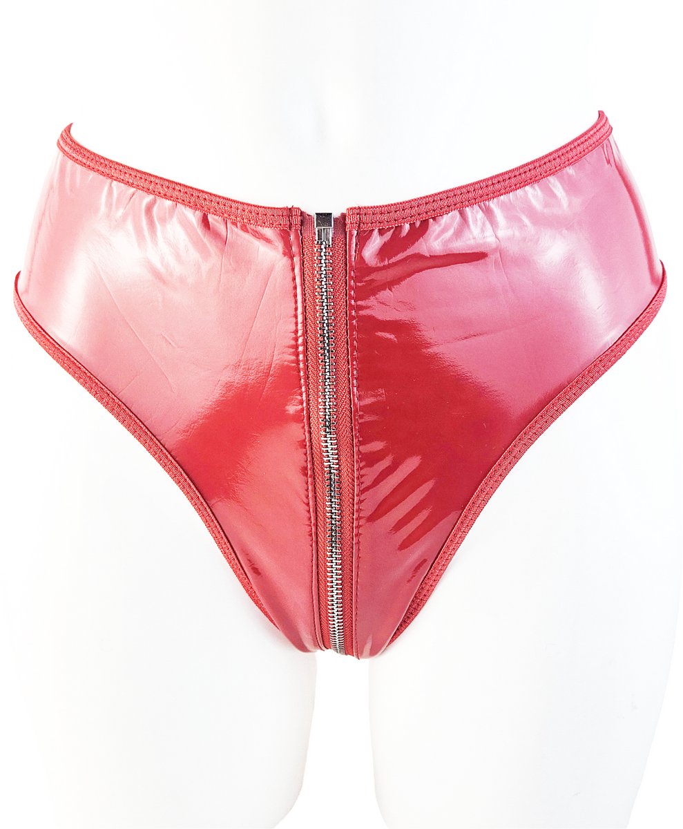 BamBella® Erotische onderbroek  - Wetlook slip Dames - Rood Datex mix latex en stof ondergoed Sexy BDSM kleding met rits open kruis