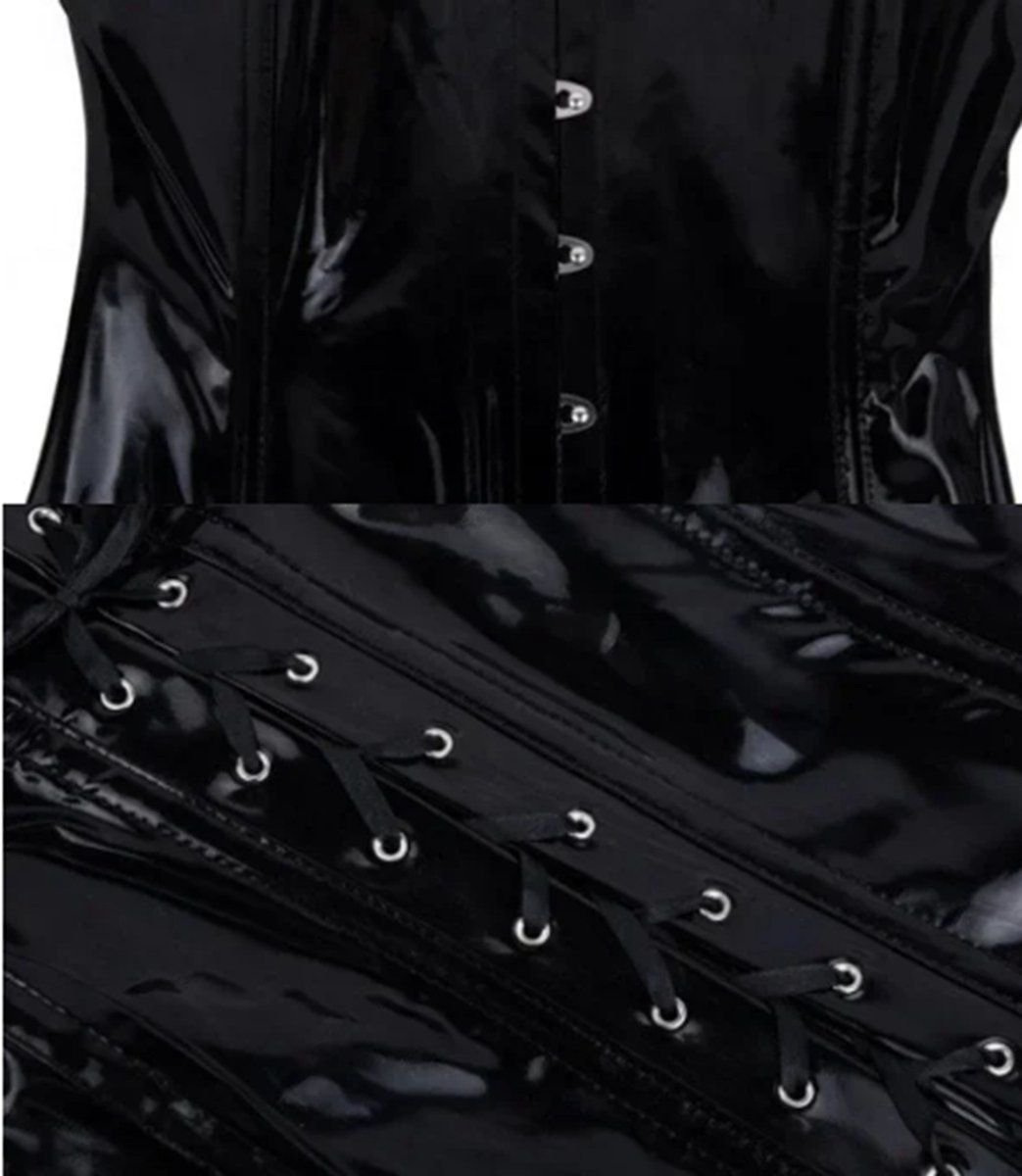 BamBella® - Erotische Jurk-  met vetersluiting Zwart Rollenspel sm dames sexy Glans kleding mix van Latex en stof Datex
