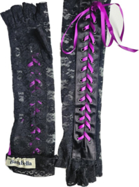 BamBella® - Handschoenen Zwart kant Kort Vingerloos kant feest gothic - dames - Paars lint