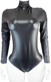 Jumpsuit - Maat onesize - Wetlook Zwart glans lange mouwen met col coltrui pak bodysuit