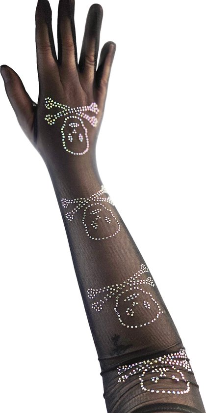 BamBella® - Handschoenen met steentjes Panty stof - One size - Zwart - mesh onesize - Sexy Lange Elastische handschoen