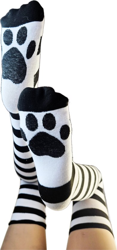BamBella® - Hoge knie kousen - Wit zwart strepen - Dames - sokken pootje schattig