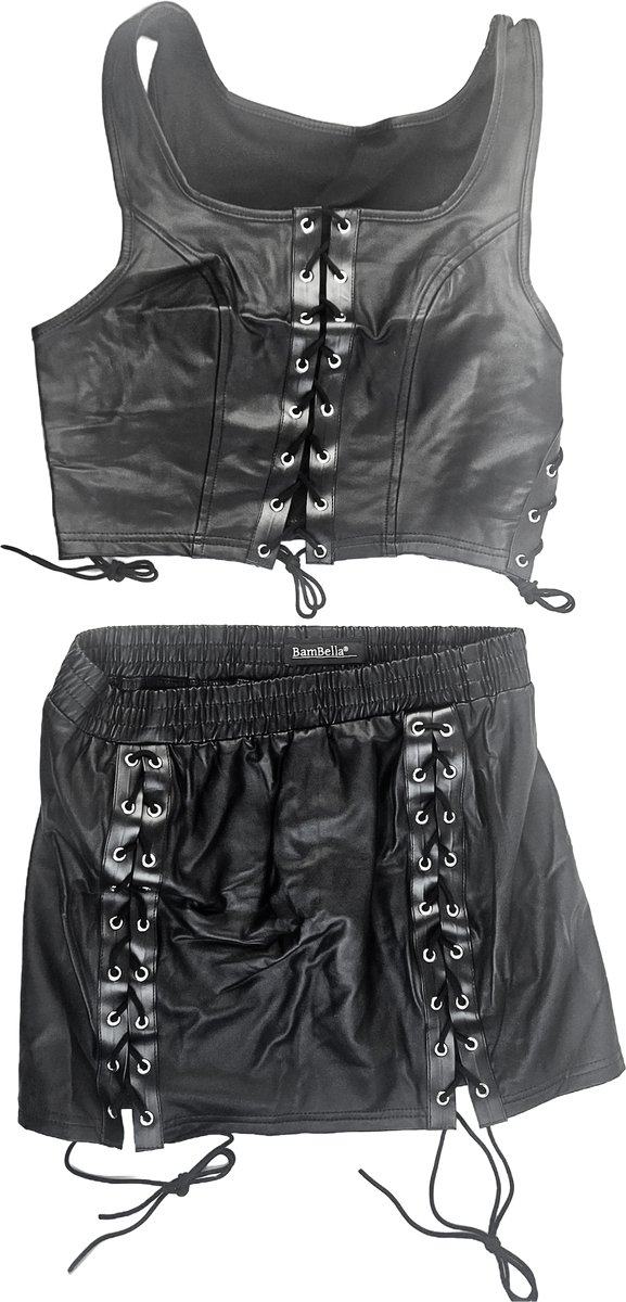 BamBella® Kleding set - Maat S/M - Zwart nepleer korte rok crop top Dames - Zwart sexy 2 delig minirok kleding vetersluiting