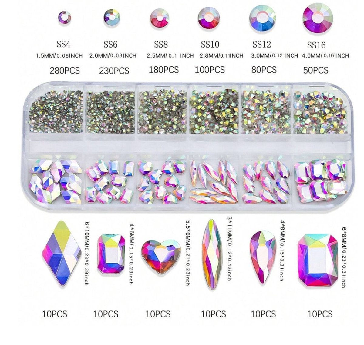 BamBella® AB kleur - Steentjes in doos - Rhinestones set tools set steentjes plak glitter steen doosje Nail art knutselen naaien