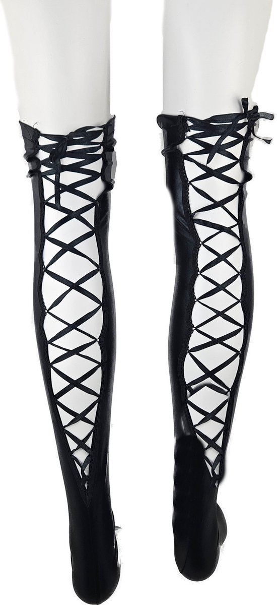 BamBella® - Hoge Kousen - Zwart - Onesize - Wetlook Sexy erotische Veter sKniekousen Super Shiny Fetish kleding
