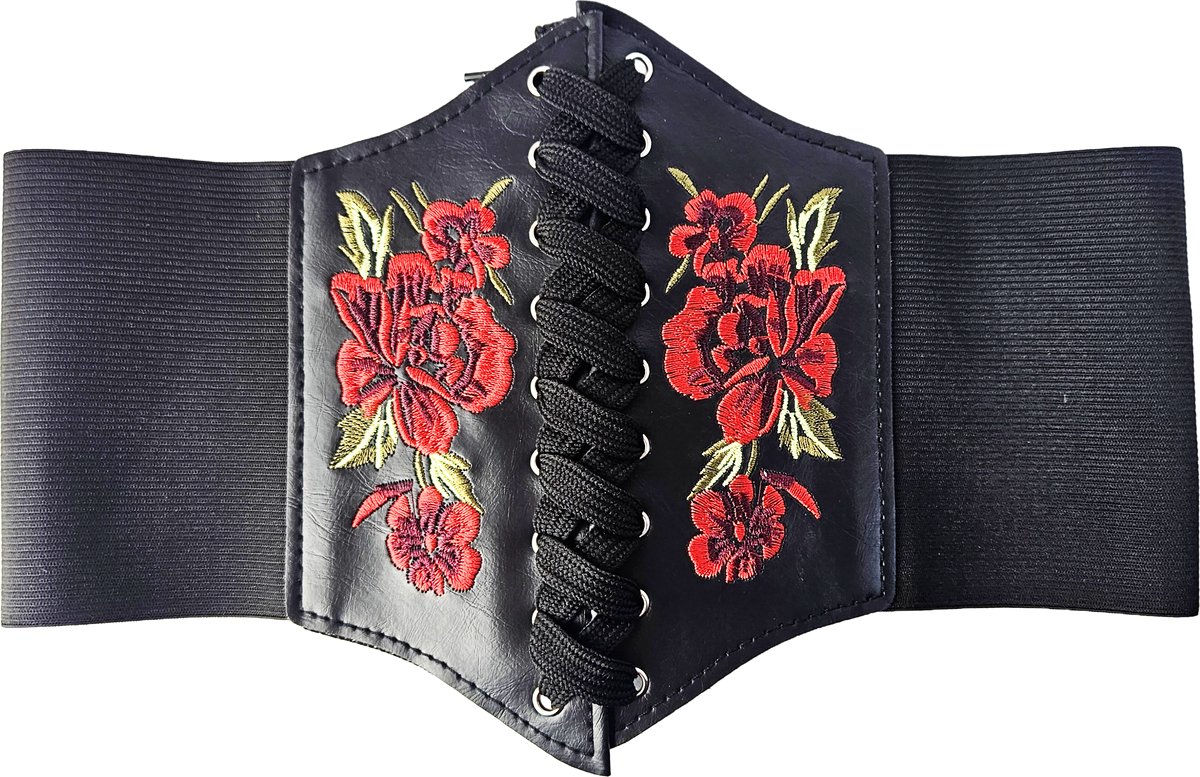 BamBella ® - Riem Maat S M L - Zwart Korset Mode Body Gothic Goth taille riem met bloemen print veter sluiting korset belt