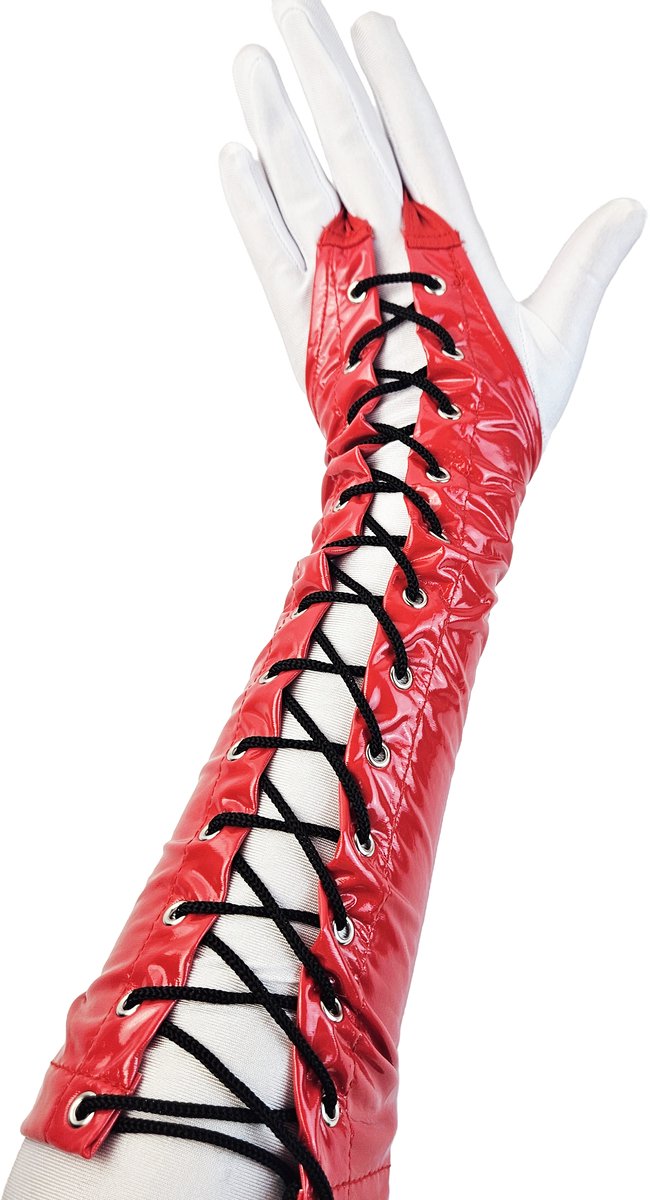 BamBella ® Handschoenen - Maat onesize - Datex (Mix latex en stof ) Sexy Rood Glans lak vetersluiting