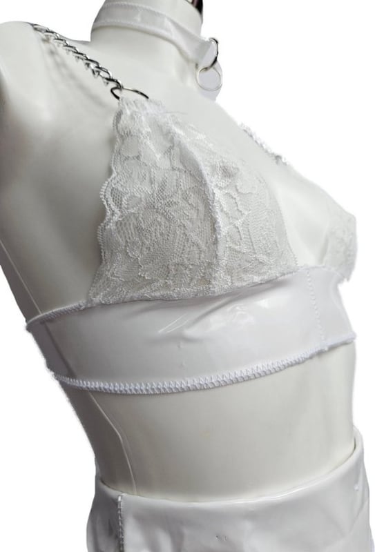 Sexy Datex set rok top Wit - Latex en stof Erotische lingerie set lak